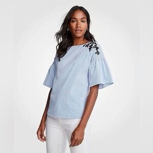 Ann Taylor Embroidered Striped Blue Top Size XS Boho Casual Feminine Flare Sleev